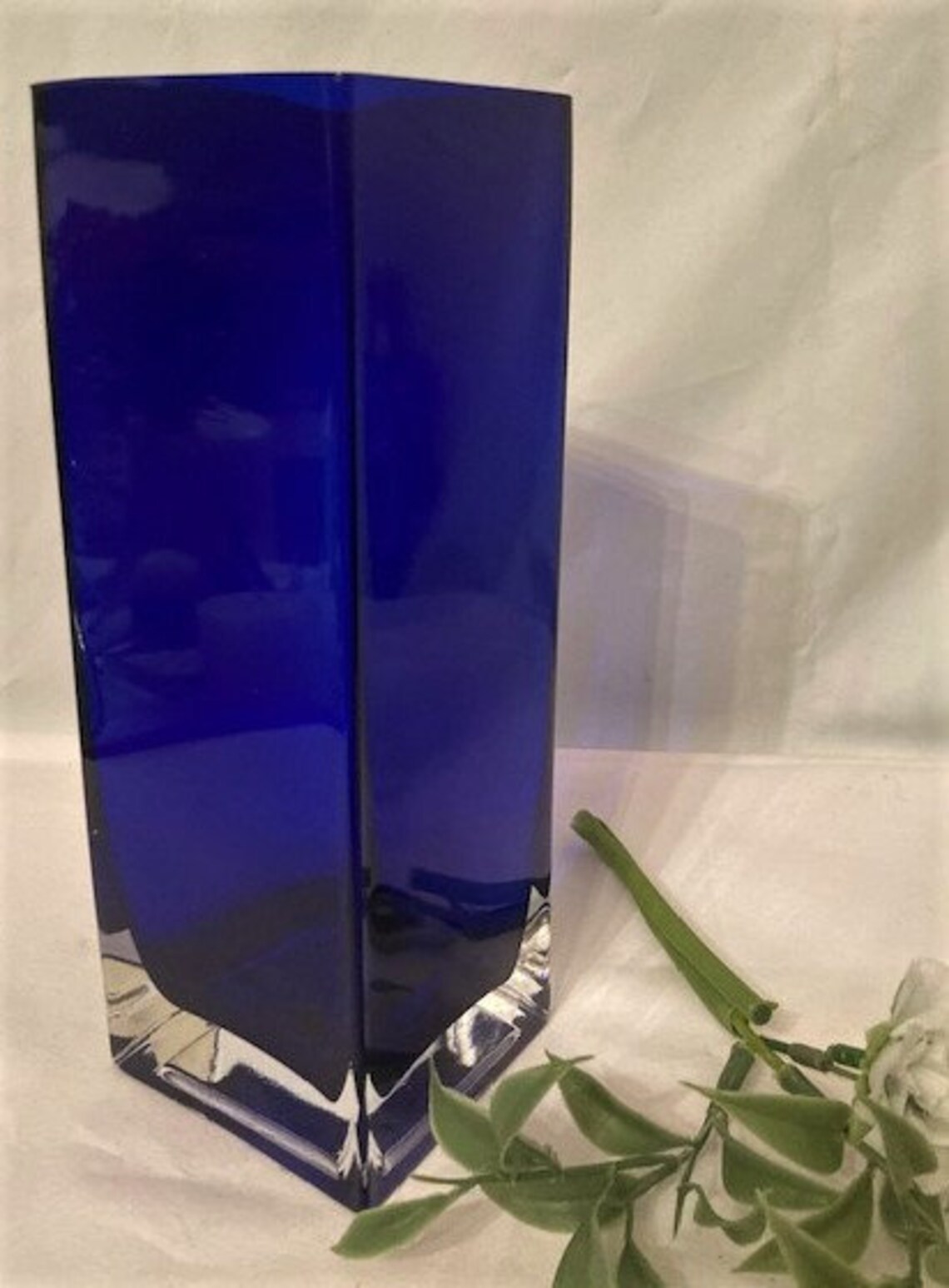 Vintage Hand Blown Deep Cobalt Blue Square Vase With Clear Etsy