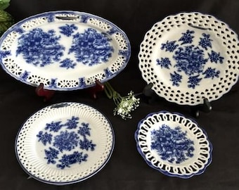 Variety Style & Size Home Essentials "Basic Porcelana" Porcelain Blue and White Cobalt Blue- Reticulate Pierced Plates-Home Decor-