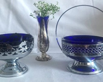 Vintage Collection Silver Plate Pierced and Cobalt Blue Glass Bowls- Sugar Bowls -Small Vase-Home Decor- Collection