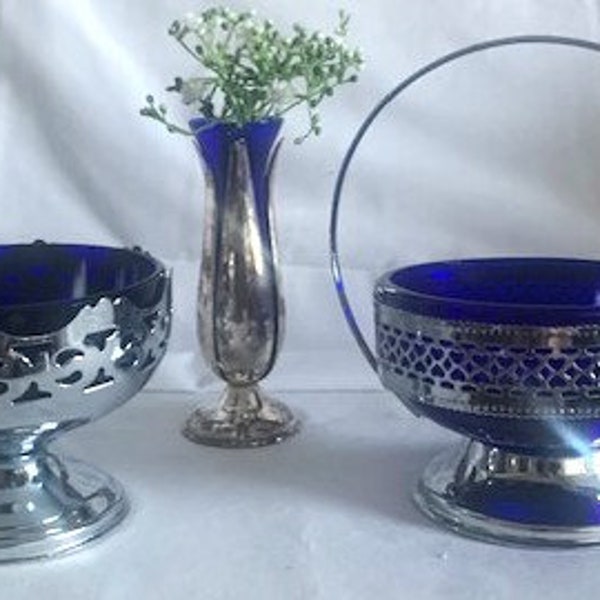 Vintage Collection Silver Plate Pierced and Cobalt Blue Glass Bowls- Sugar Bowls -Small Vase-Home Decor- Collection