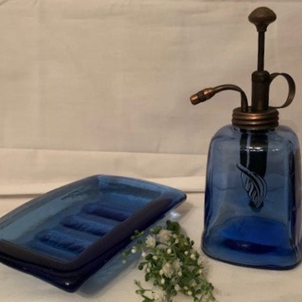 Vintage Fire and Light Recycled Art Glass Cobalt Blue Soap Dish & Square Blue Glass Soap Bottle with Brass Pump-Home Decor