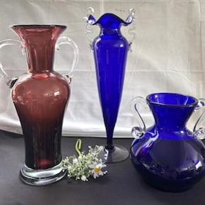 Vintage Bischoff Glass C. Handblown Glass Amethyst Vase-Murano Style Hand-Blown Cobalt Blue Cone Vase-Wanda Hand Made Deep Cobalt Blue Vase