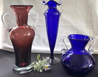 Vintage Bischoff Glass C. Handblown Glass Amethyst Vase-Murano Style Hand-Blown Cobalt Blue Cone Vase-Wanda Hand Made Deep Cobalt Blue Vase