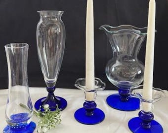 Vintage Collection Variety Style/Size Clear/Cobalt Blue Vases-Princess House Vase/Candlestick-Bormioli Rocco- Elegant Clear-Made in Italy