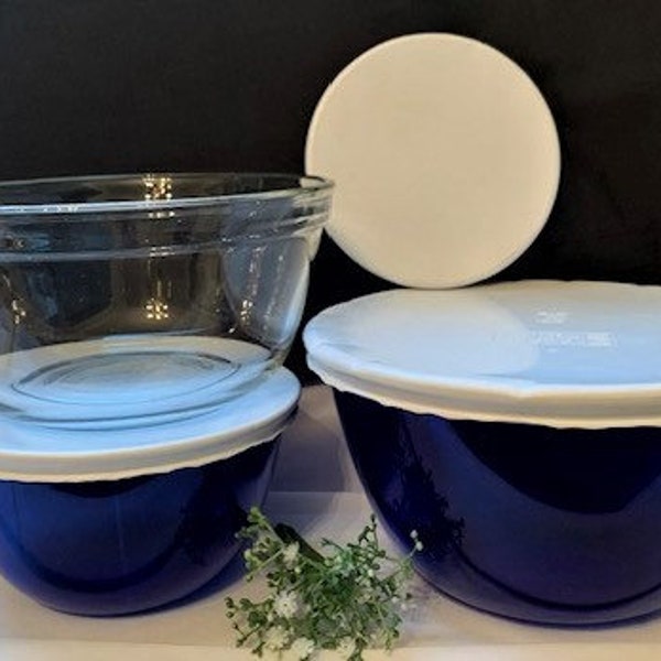 Vintage Variety of Mixing Bowls-Arcoroc France Cobalt Blue Rolled Edge Mixing Bowls w/Lids & Clear Anchor Hocking Nesting Bowl - USA-France