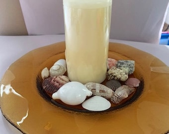 Vintage Amber Large Textured Glass Centerpiece/Serving Platter 13" with Ruffle Rim-Elegant- Made in Italy- Art Glass
