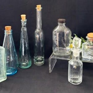Vintage Collection Variety Style Size and Colors Glass Bottles -Long Neck-Geometric Retro-Home Decor-Collector- Made in Mexico-USA