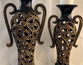 Vintage Privilege International Inc Pair Wood and Ornate Pierced Open Scroll Resin Pillar Candle Holder-Home Decor-Rare