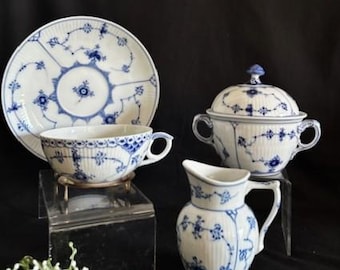 Vintage Royal Copenhagen White and Blue Fluted Half Lace Cup & Saucer-Sugar Bowl w/Lid-Creamer-Denmark with Marks-Collector