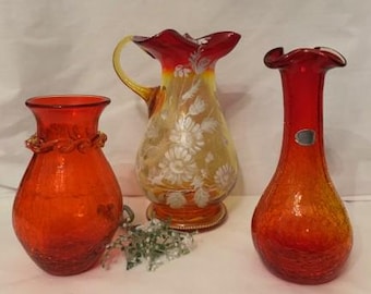 Antique Vintage Kanawha Hand Blown Art Glass Amberina Crackle