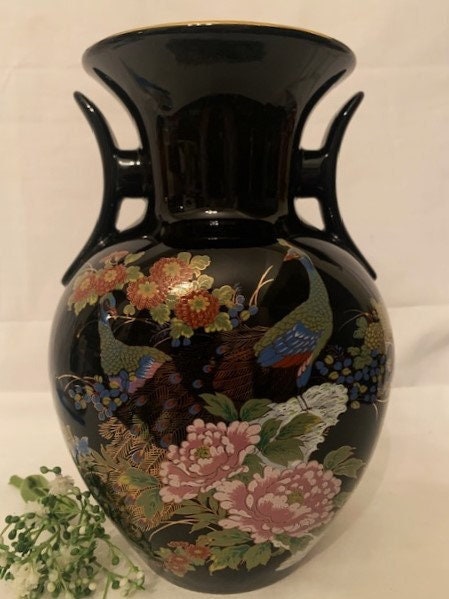 Vintage Black Porcelain Japanese Vase With Handles Gold Trim With