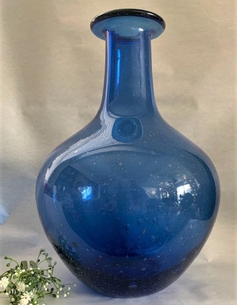 Vintage Handblown Control Bubble Glass Bottle Vase Shape Blue Etsy