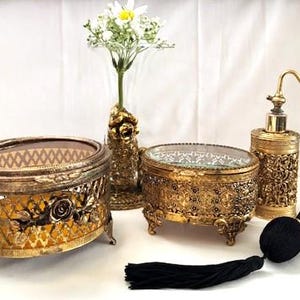 Vintage/Antique Ormolu Collection Vanity Round/Oval Shape Jewelry Box Casket- Art Deco Perfume Spray Atomizer-Ormolu Bud Vase-Collector