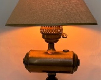 Vintage Rare Brass Electric Converted Student Desk Oil Lamp with Black Metal Square Base-Collectible-1900s-Vintage Decor