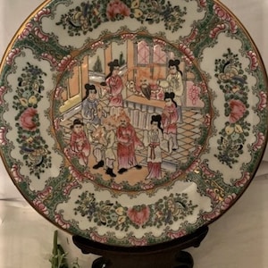 Vintage Chinoiserie Hand Decorated in Macau- Chinese Porcelain Ware Famille Rose Decorative Large Plate-Rare- Home Decor- Made in China