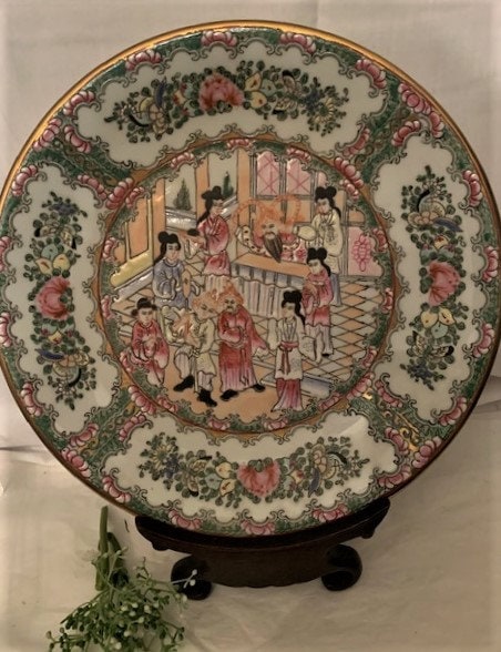 Vintage Chinoiserie Hand Decorated in Macau- Chinese Porcelain Ware Famille Rose Decorative Large Plate-Rare- Home Decor- Made in China