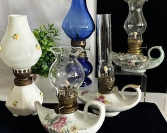 Vintage MCM Mini/Small Oil Lamps Variety Style/Size/Colors Oil Lamps- Aladin Style-Milk Glass-Victorian Style-Cobalt Blue Glass-Hong Kong