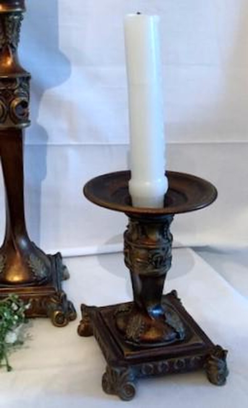 Vintage Resin Ornate Trio Set Candle & Candlestick Holder Carved