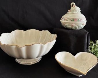 Vintage Lenox Bone China Collection-Swan on a Nest Lidded Small Trinket-Ruffle Scalloped Bowl -Heart Shape Trinket Dish-Retired- Home Decor