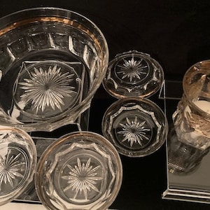 Vintage Mid-Century Modern Glass with  Gold Band Large Bowl and 4 Berry Bowl/Dessert Bowls- Glass Candle holder