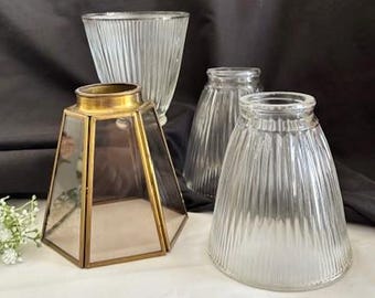 Vintage Variety Replacement Glass Lamp Shade- Ribbed Glass Design- Brass/Beveled Glass Hexagon -Lamp Shade-Home Decor