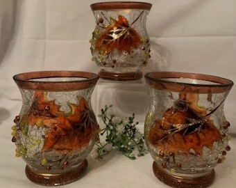 Hand Painted Crackle Glass Hurricane Votive- Tealight Holder -Harvest Autumn Leaves - Home Decor