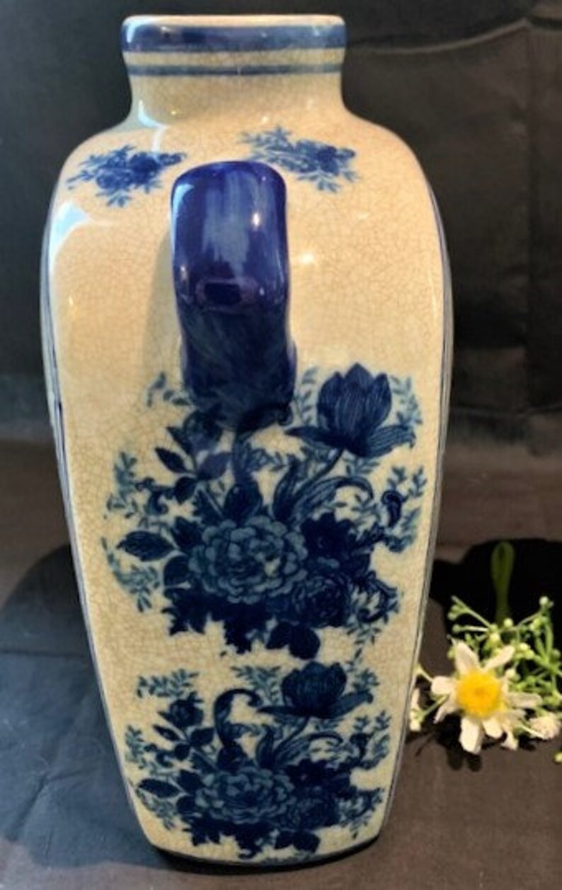 Vintage Chinoiserie Porcelain Pottery Blue and White Vase With Dual ...
