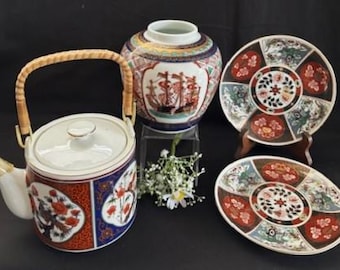 Vintage Porcelain Imari Plates with 22K Gold Trim & Nanban Ship Ginger Jar-Imari Porcelain Teapot with Wicker Handle-Made in Japan
