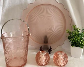 Vintage Anchor Hocking Old Colony Lace Edge Pink Glass- Fostoria Versailles Ice Bucket in Rose Pink -Pair Pink Dimond Cut Glass Votive-Decor