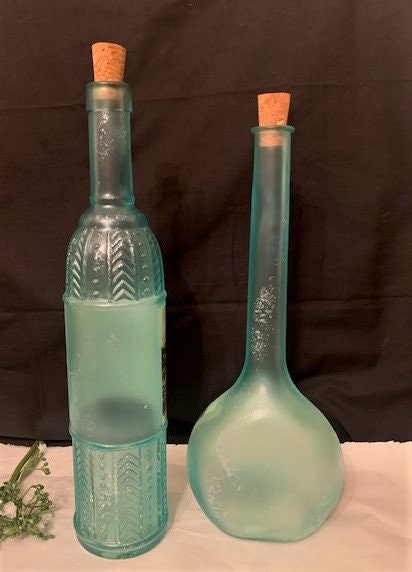 Vintage Rare Decorative Mint Green Frosted Glass Bottles W