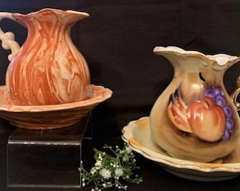 Cuenco y jarra de cerámica Artmark vintage con motivo de frutas y jarra y lavabo de cerámica vintage pequeños hechos a mano con remolinos - Fabricados en Japón