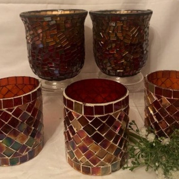 Vintage Mosaic Red Candle Holders & Mosaic Footed Glass Candle Holders Red, with Multi Colors -Mosaic Candle Holders Collection -Home Decor