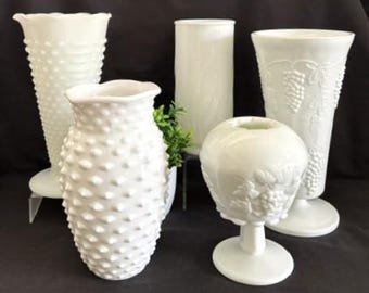 Vintage Milk White Glass Variety Collection-Vases-Bud Vases-Anchor Hocking-Westmoreland -Indiana Glass-L.E. Smith- Made in USA- Home Decor