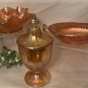 Vintage Carnival Glass Marigold Collection Iridescent -Ruffled Bowl-Oval Shape Bowl-Covered Candy Dish- Collectable