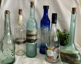 Empty Glass Bottle Collection Cobalt Blue/Clear-Blue Rum Butterfly-Basil Hayden w/Copper Band-Green Frosted Glass w/Panorama-Rome/Napoli
