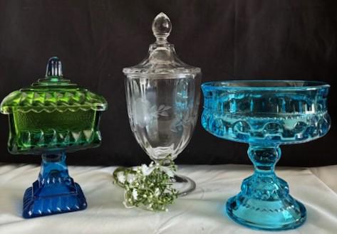 Vintage King Crown Glass Aqua Blue Thumbprint Indiana Candy Dish-Etched Rose Clear Glass Pedestal Apothecary Jar-Jeannette Glass Blue Green
