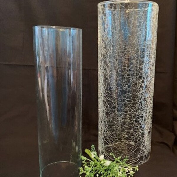 Vintage Tall Large Crackle Glass Cylinder Globe & Tall Clear Optic Cylinder Globe Ribbed-Open-Ended Hurricane Candle