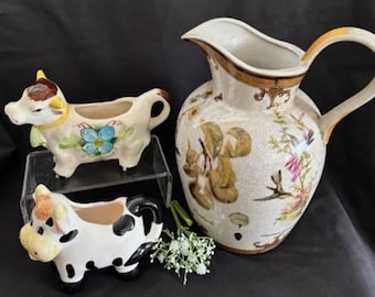 Vintage Large Porcelain Crackle Pitcher/Vase-Ceramic Cow Creamer-Houston Harvest Ceramic Cow Creamer Pitcher-Cow Creamer Pitcher Blue Flower