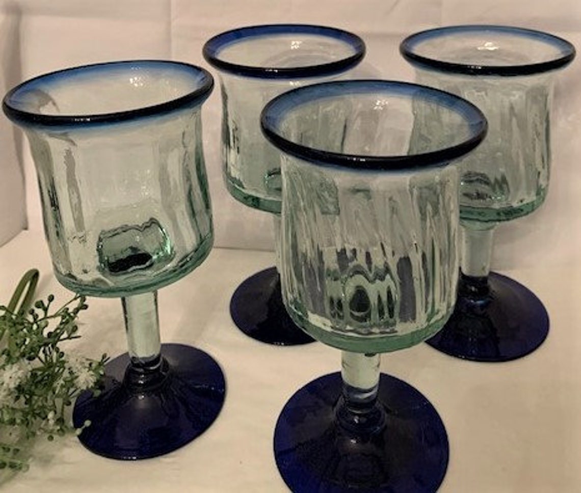Vintage Handblown Mexican Wine Glasses Cobalt Blue Rim With Etsy