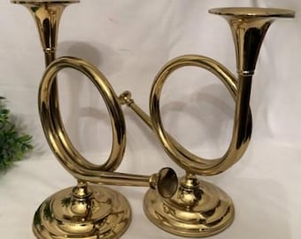 Vintage MCM Pair Solid Brass French Horn Candlestick Holder -Home Decor
