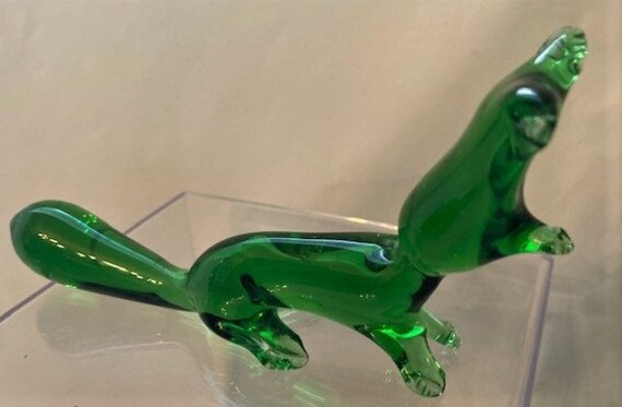 Vintage Set of 2 Fox Figurines Emerald Green Hand Blown Glass Art