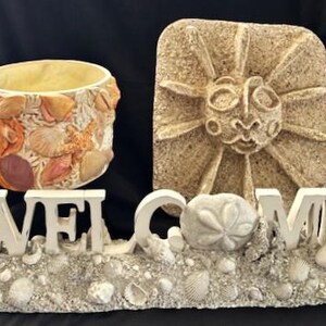 Vintage Welcome Seashell Decor Antique White Resin w/Wood Letters-Sand Casting Plaster Sun Plaque by Barbara Field-Seashell Planter- Beach