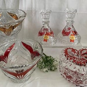 Vintage Anna Hutte Pair Cranberry Candle Holders 24% Lead Crystal & Gold Accented Candy Bowl BLEIKRISTALL Ruby Red Bird Trinket Box-Germany