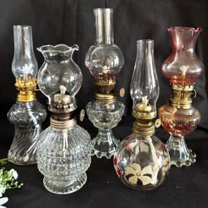 Vintage Variety Style/Size Small Glass Oil Lamps with Burner/Wick/Glass Chimney Shade-Embossed Glass-Swirl/Ribbed Design- Hand Painted Flowe