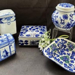 Vintage Variety Blue/White Collection Porcelain-Trinket Chest Box-Ginger Jar-Trinket Dish-Delfts Blauw Style-Japan-Poland-Portugal-Collector
