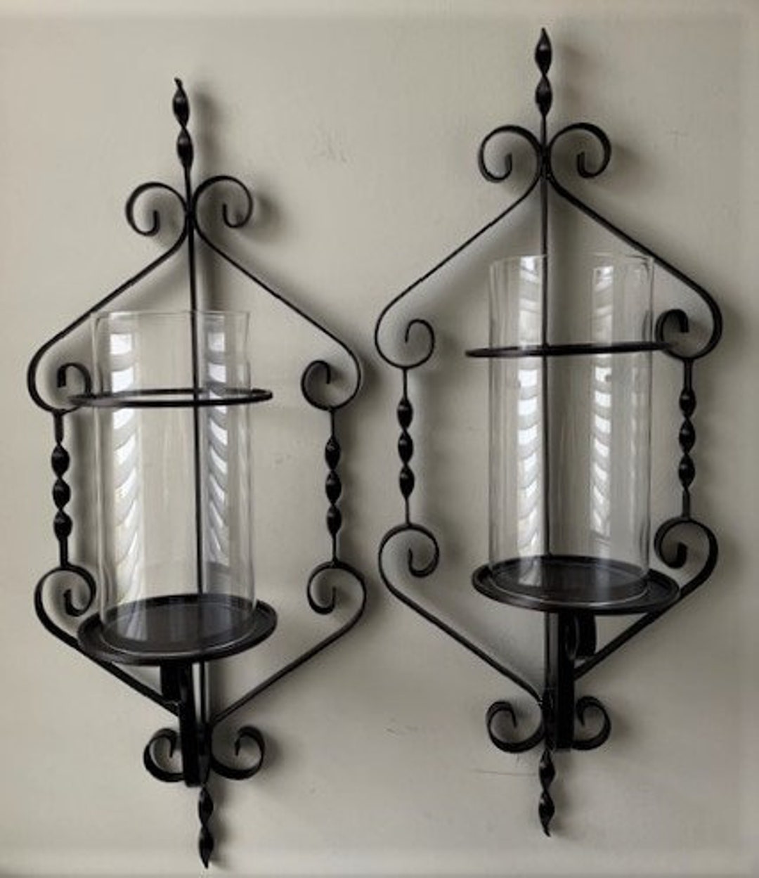 Vintage Pair Tall Large Wall Candle Sconce Dark Brown Iron Candle