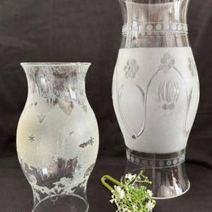 Vintage Rare Tall White Frosted and Clear Glass Etched Hurricane Lamp Shade-Medium Glass Hurricane Shade w/White Frosted-Home Decor