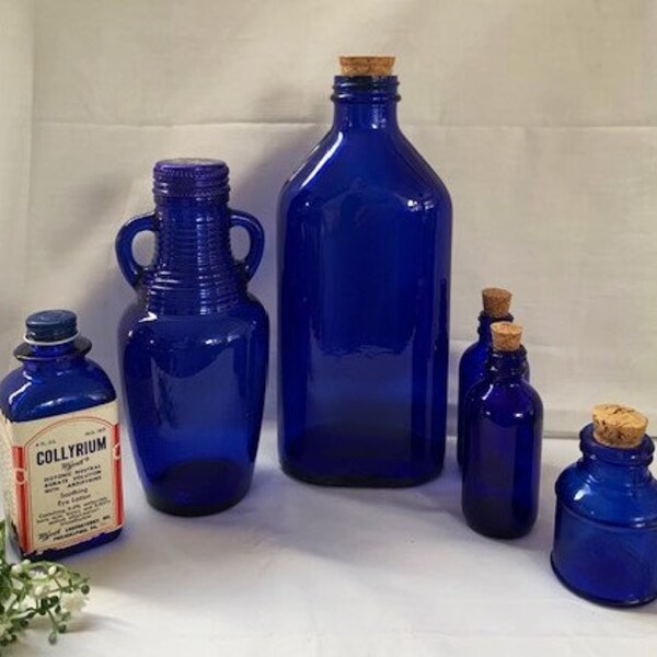 Vintage Collection of Cobalt Blue Glass Bottles "Blue Luna Cafe"-Genuine Phillips-Wyeth Collyrium Eye Lotion-Small Bottles-Collectible Glass