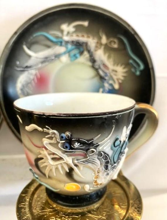 Vintage Fleetwood China Hand Painted 3D Dragon Moriage Demi Teacup