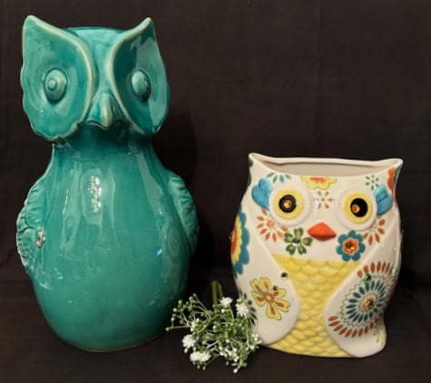 Vintage Tall Turquoise Ceramic Owl Figurine-Pier 1 Hand Painted Stoneware Owl Utensil Holder Vase Ho